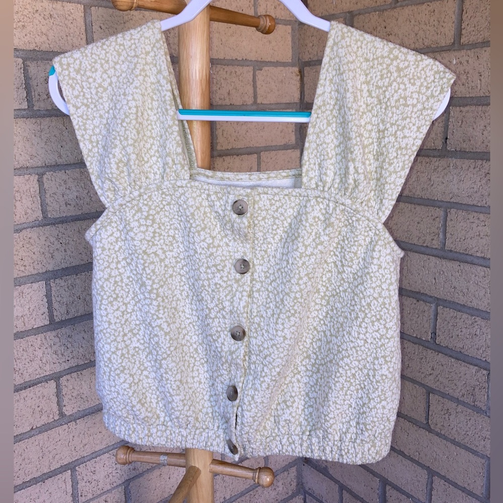 Madewell Floral Jacquard Knit Green Button Front Top Cap Sleeve Floral Blouse - Picture 6 of 17